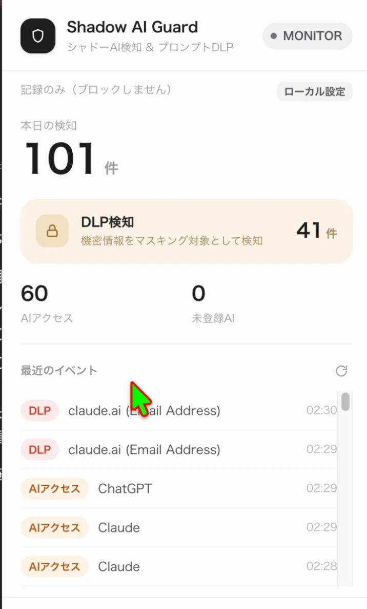 拡張のポップアップ。本日の検知101件、うちDLP検知41件、AIアクセス60件、未登録AI0件と、直近の検知イベント一覧が表示されている様子